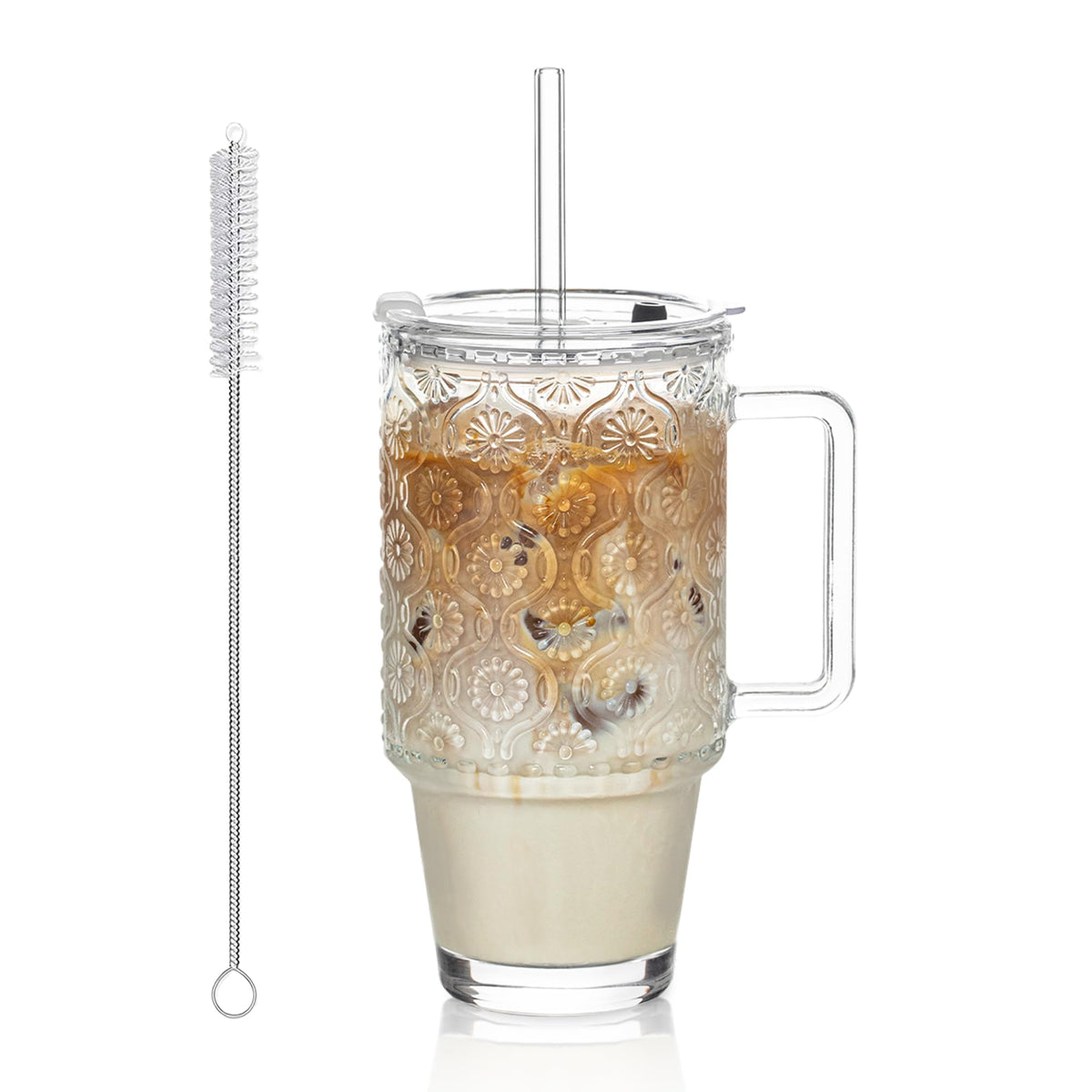KEMORELA 24oz ribbed glass tumbler with lid and straw for stylish iced drinks.