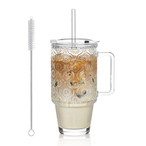 KEMORELA 24oz ribbed glass tumbler with lid and straw for stylish iced drinks.