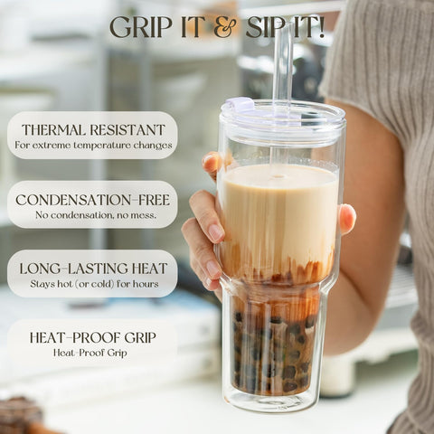 Kemorela crystal-clear glass showcases vibrant drinks like matcha and iced coffee.