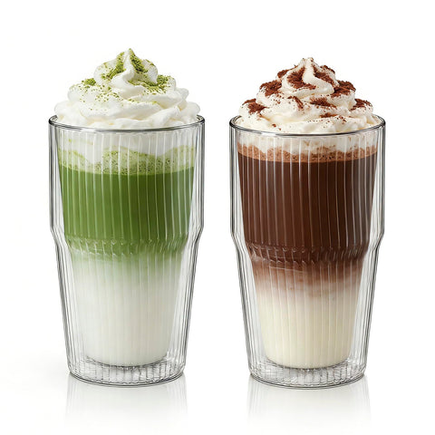 KEMORELA 16oz iced coffee cup with ribbed double-wall glass keeps drinks refreshing