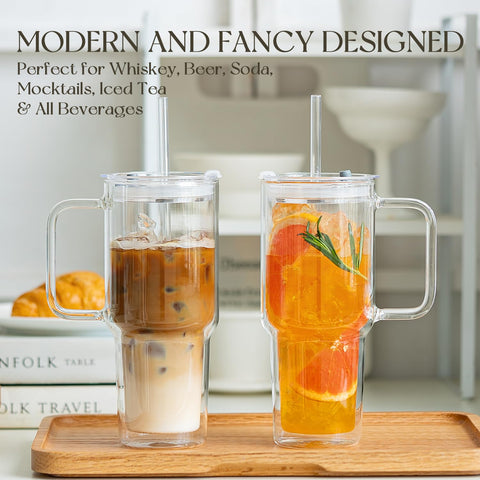 KEMORELA insulated glass tumbler with lid to keep beverages cold longer.