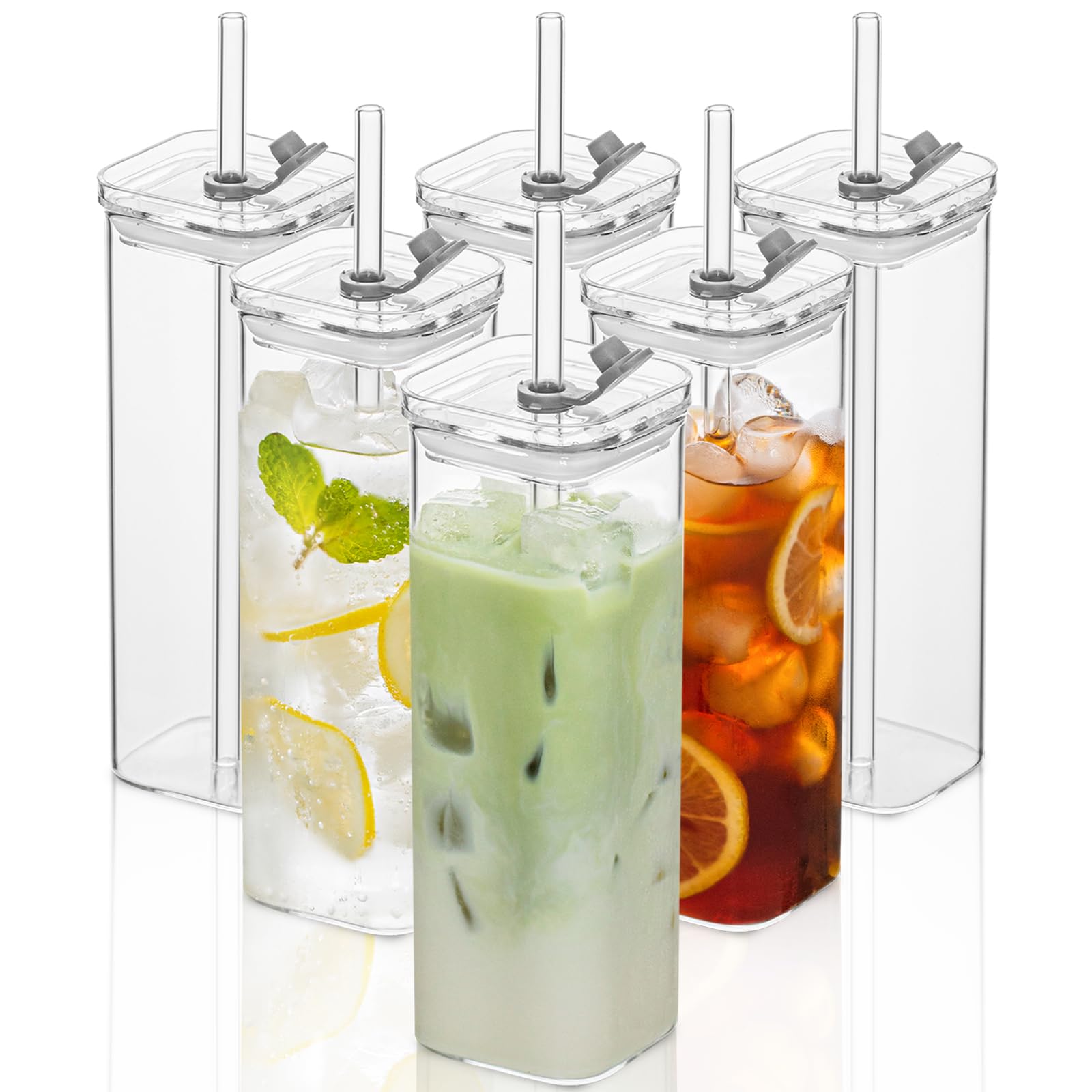 KEMORELA square glasses 6pc set with lids and straws for elegant entertaining