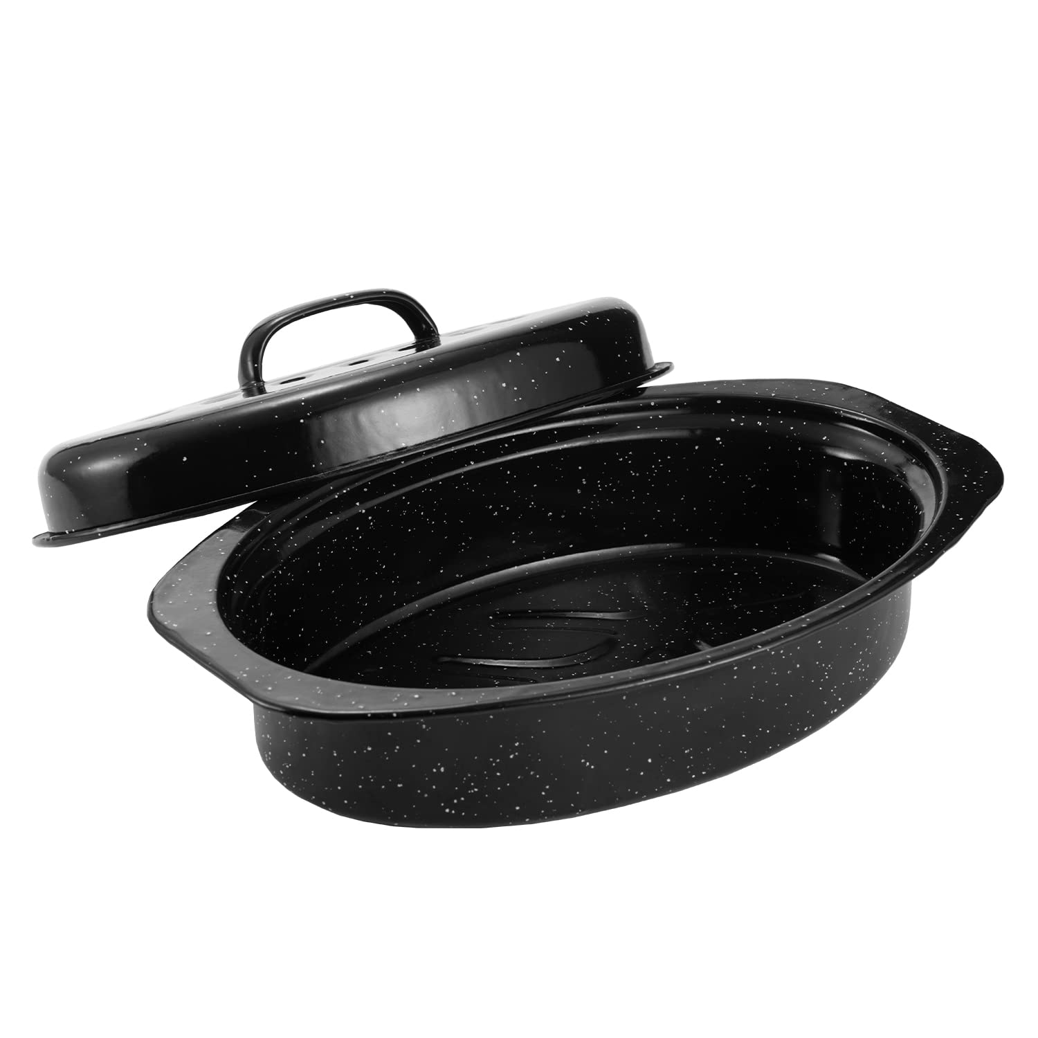 Kendane 13-inch enameled oval roasting pan with domed lid for even roasting and juicy results.