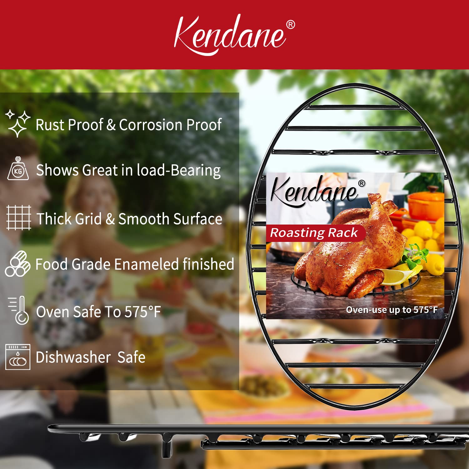 Kendane enamel-coated PTFE-free rack prevents sticking while roasting.