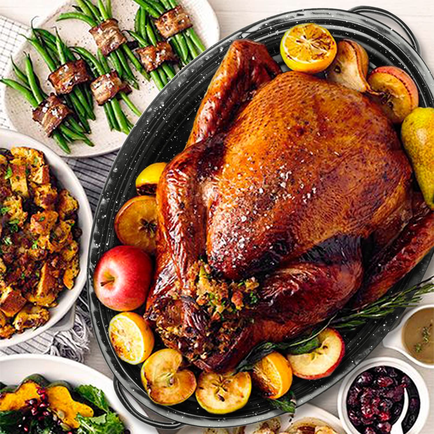 Kendane roasting pan in use with chicken and vegetables for a balanced roast.