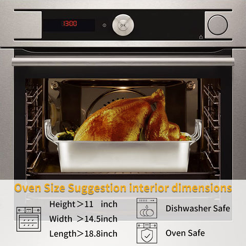 Kendane stainless steel roasting pan side view highlighting large capacity for turkeys and roasts.