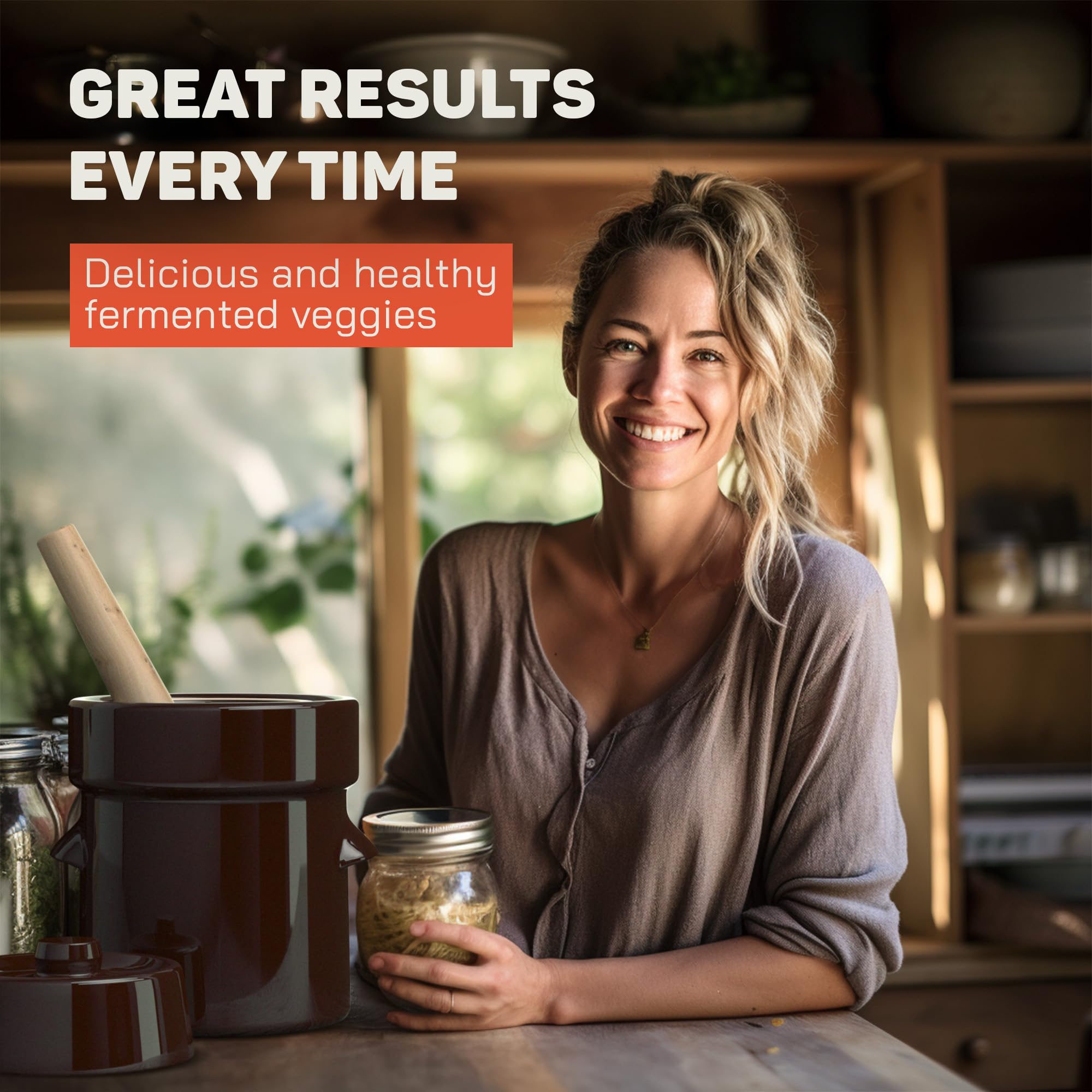 Kenley sauerkraut crock on countertop shows easy home fermentation setup