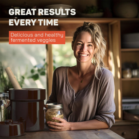 Kenley sauerkraut crock on countertop shows easy home fermentation setup
