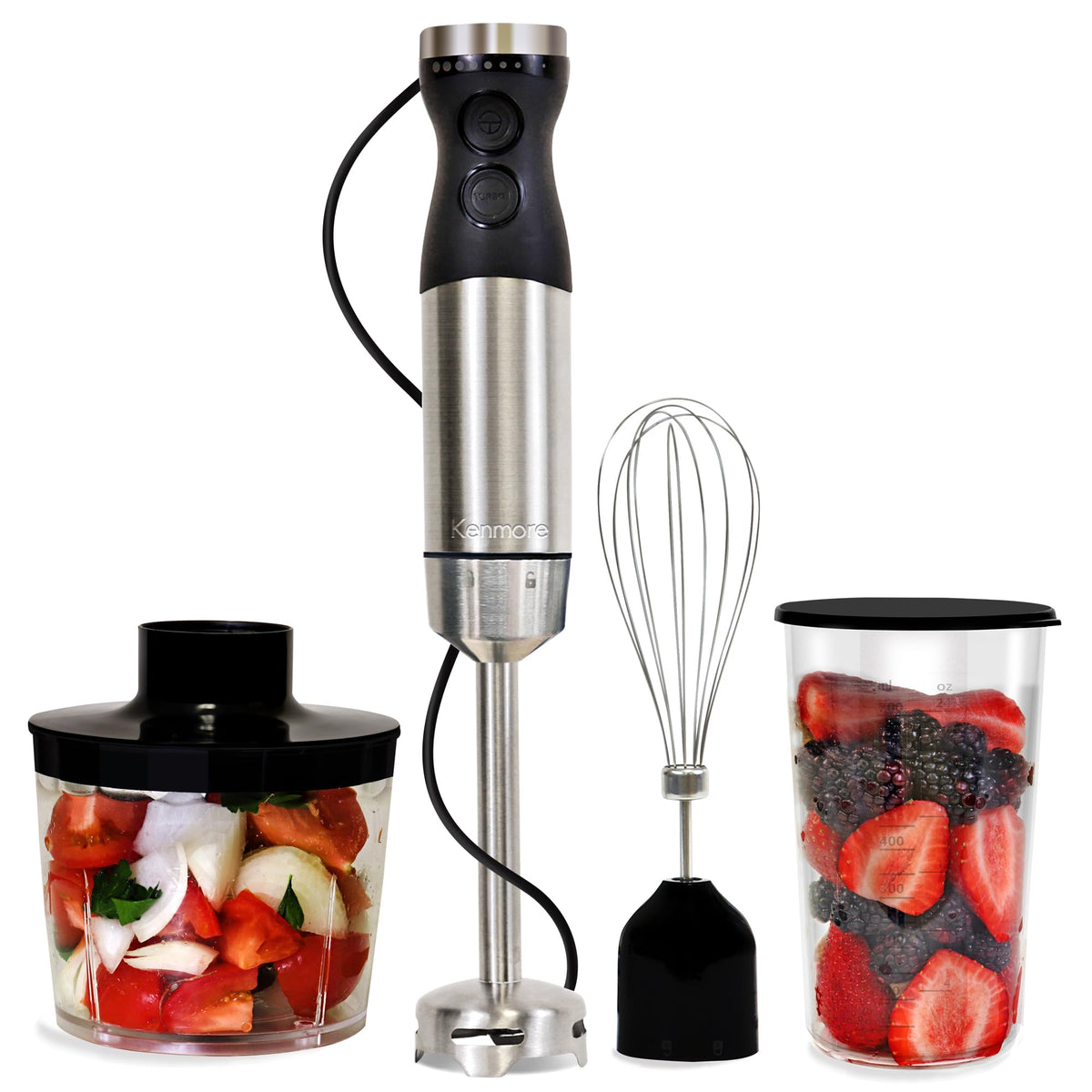 Kenmore immersion blender front view demonstrates 1000W power for silky soups