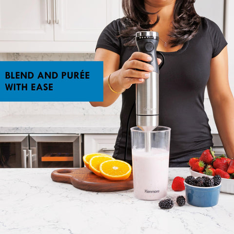 Kenmore immersion blender turbo mode close-up demonstrates extra power for tough ingredients