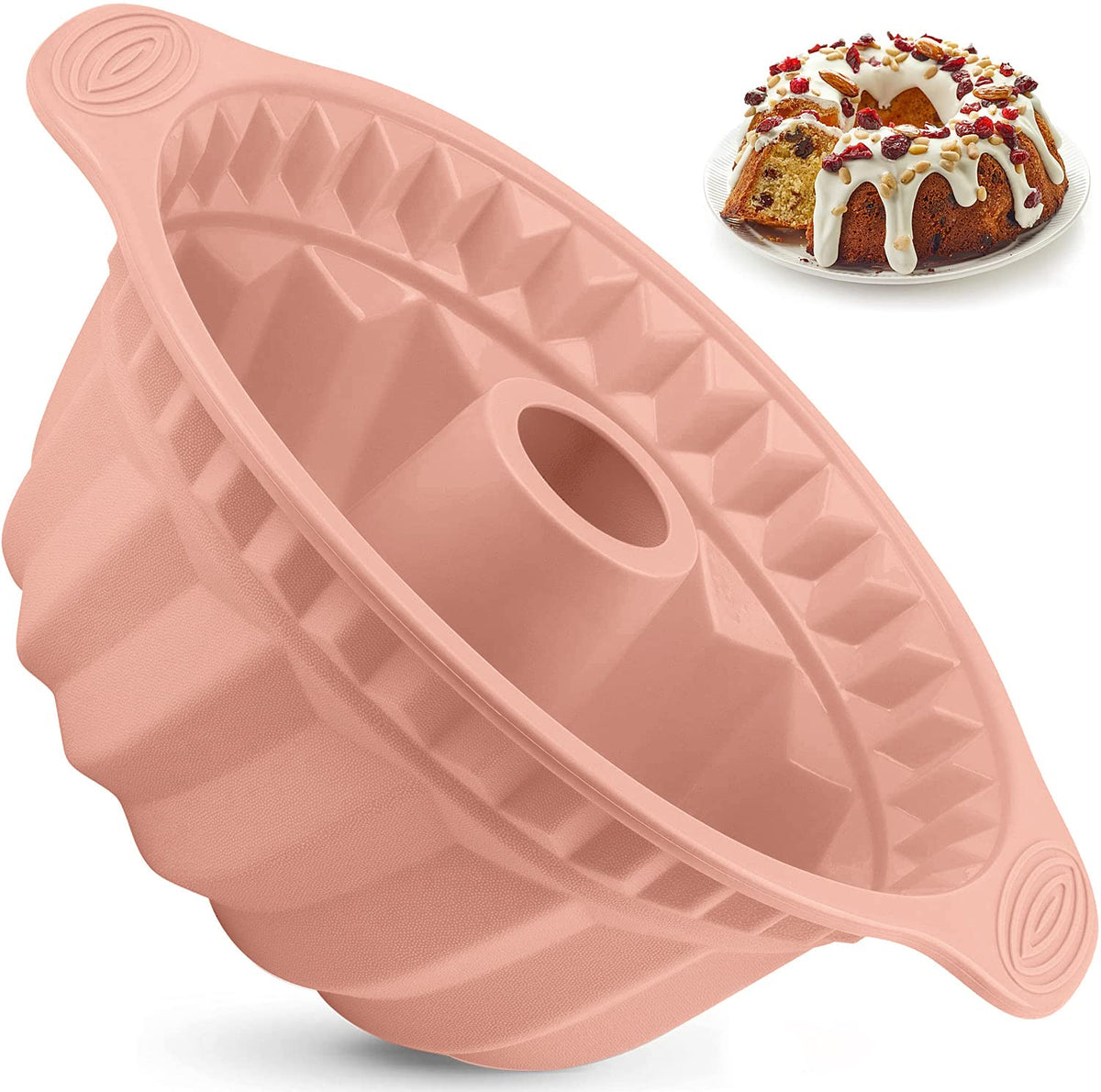 Kenond pink 9.5 inch silicone cake pan, front view, for easy release and even baking.