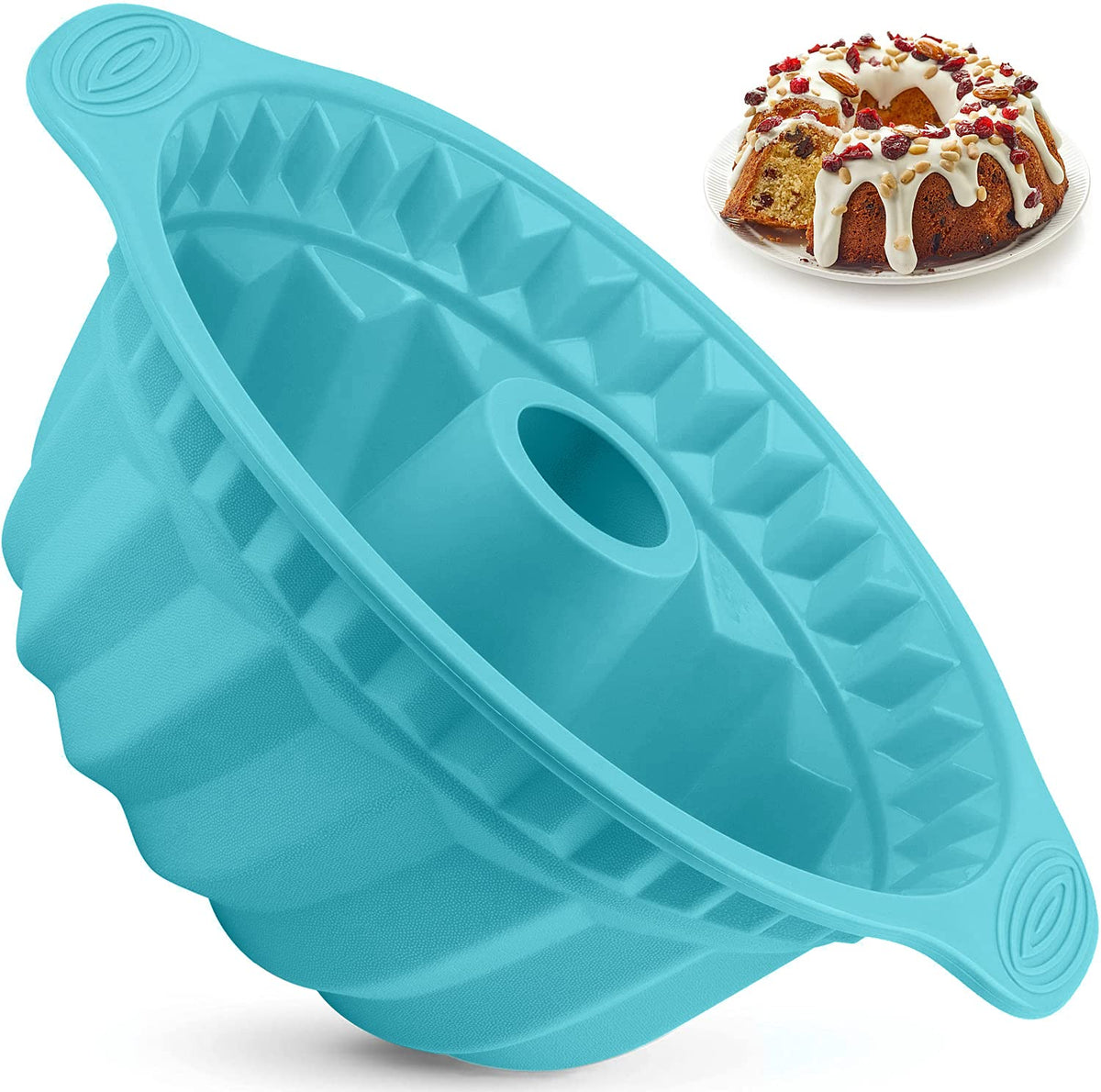 Kenond blue silicone fluted pan with easy-release for perfect cakes.