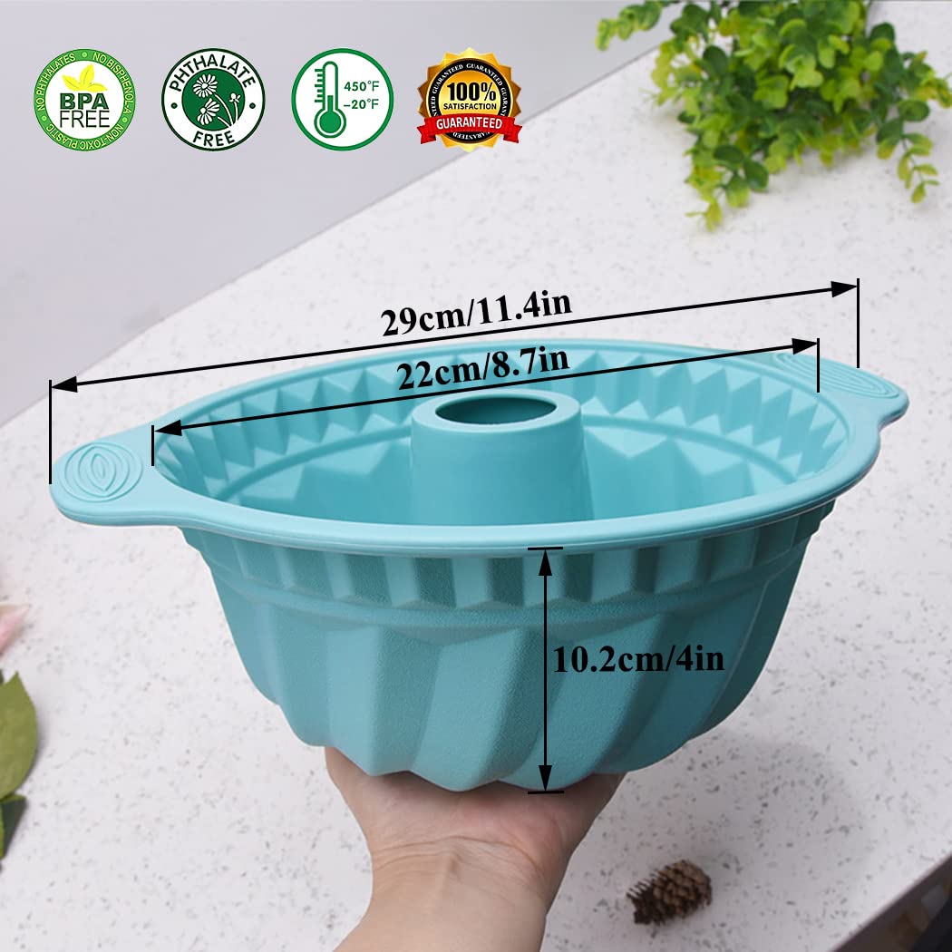 Kenond blue silicone pan shows sturdy handle for safe lifting.