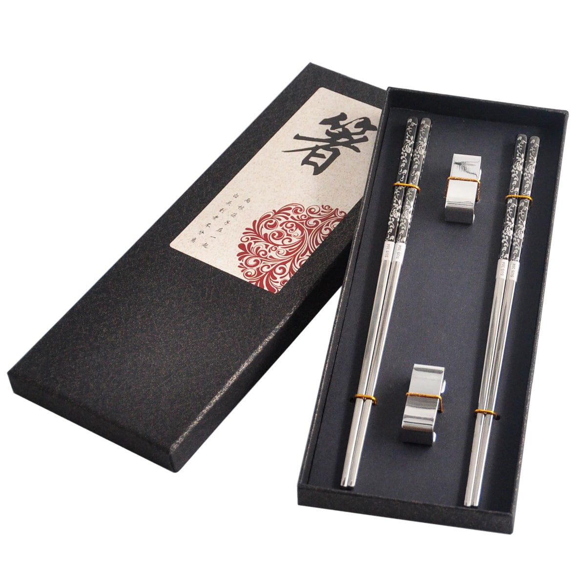 Kenpal elegant metal chopsticks set resting on a holder, stylish and convenient for table service.