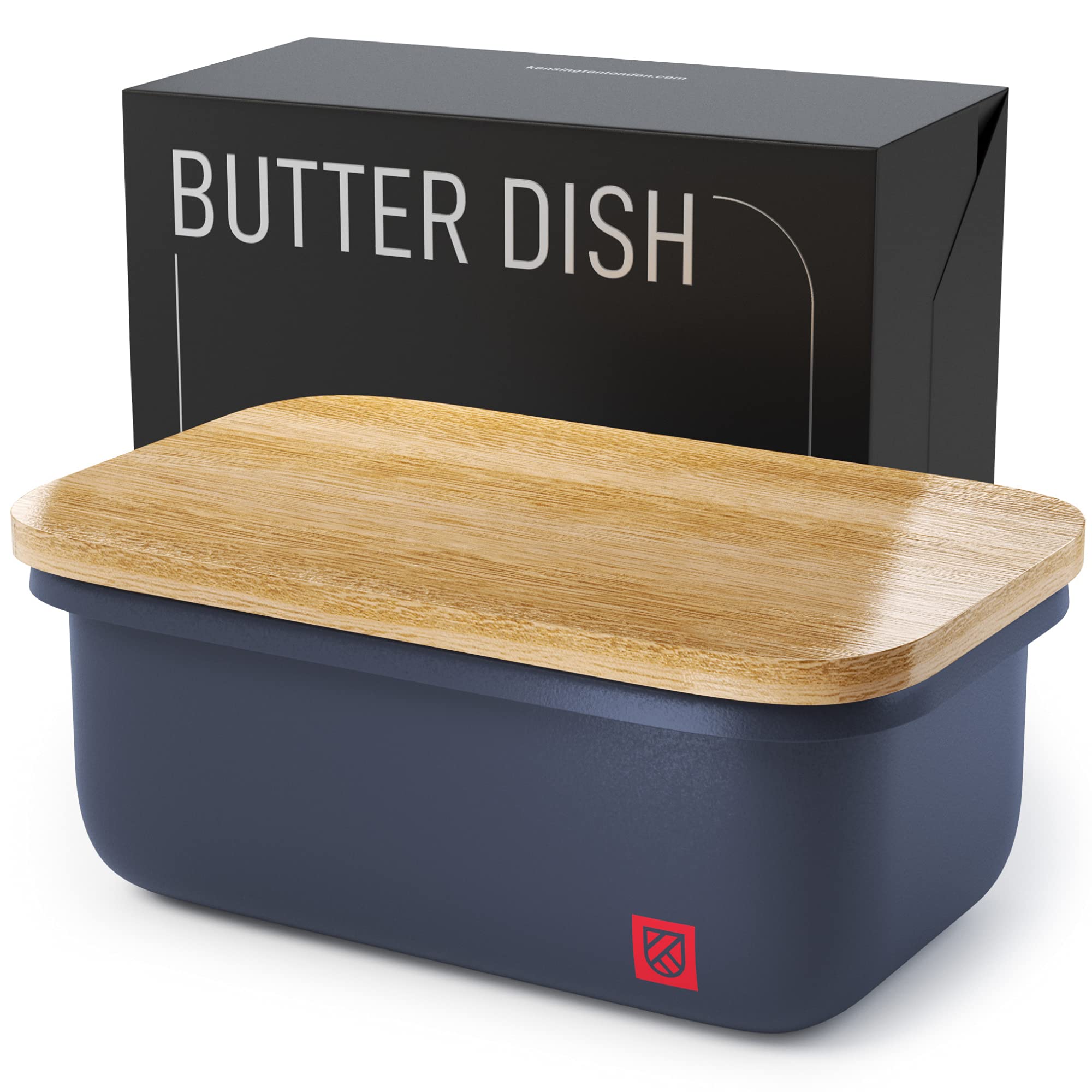 KENSINGTON LONDON butter dish on countertop with lid keeps butter fresh and accessible.