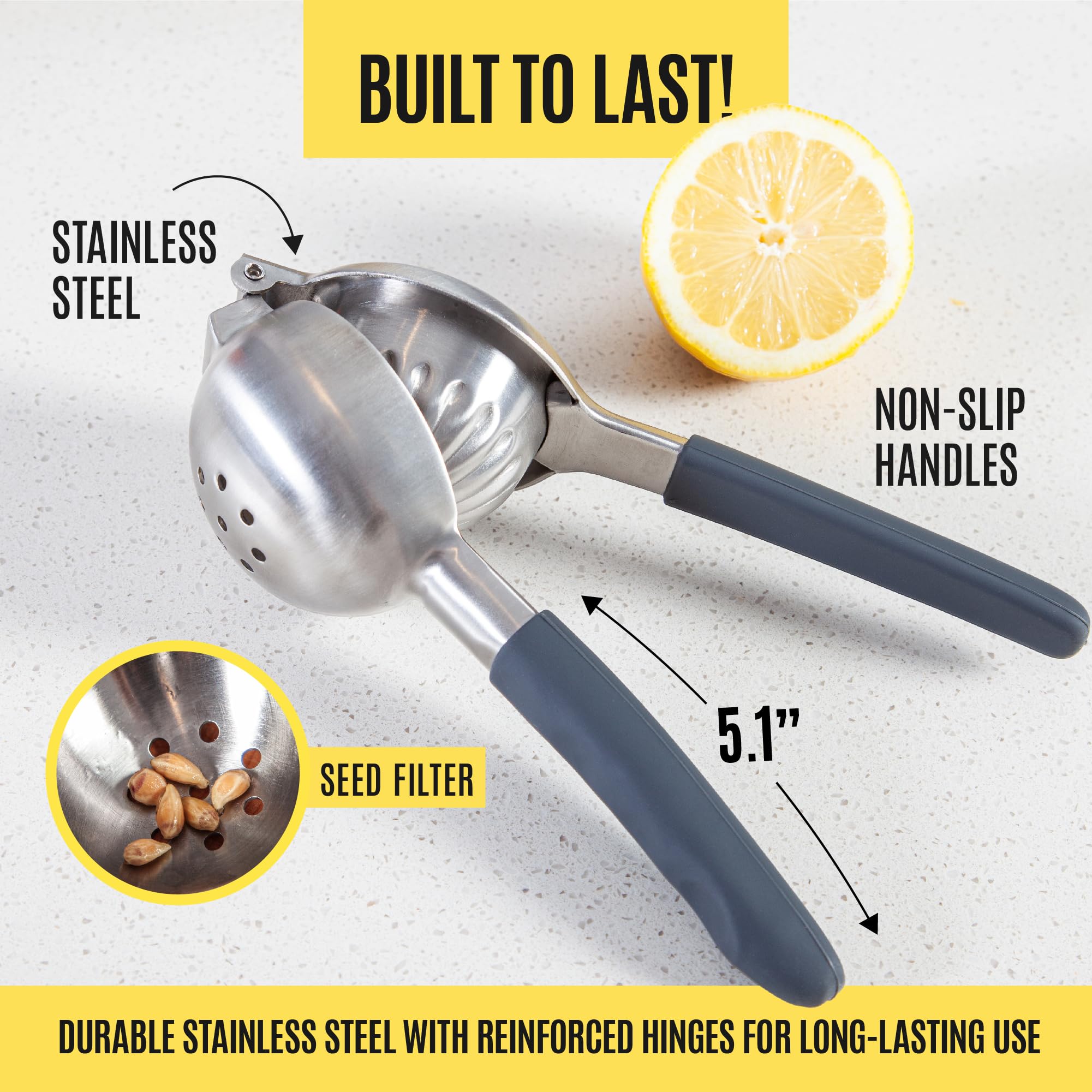 Kensington London squeezer close-up highlights premium stainless steel.
