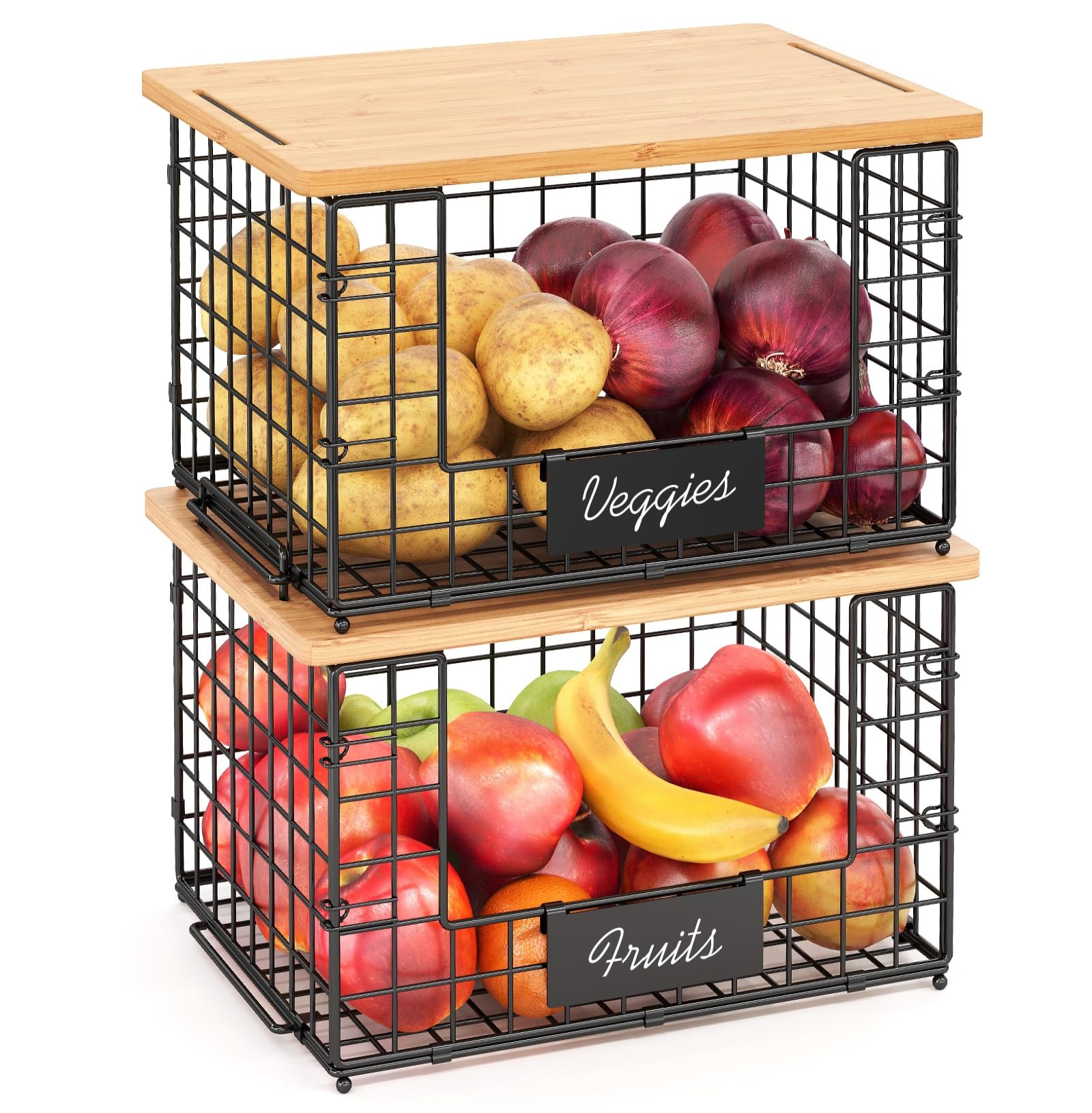 Keomaisyto 2-pack stackable wire baskets with bamboo top for pantry organization