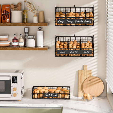 keomaisyto 3-tier stackable wire baskets save counter space while storing eggs and produce.