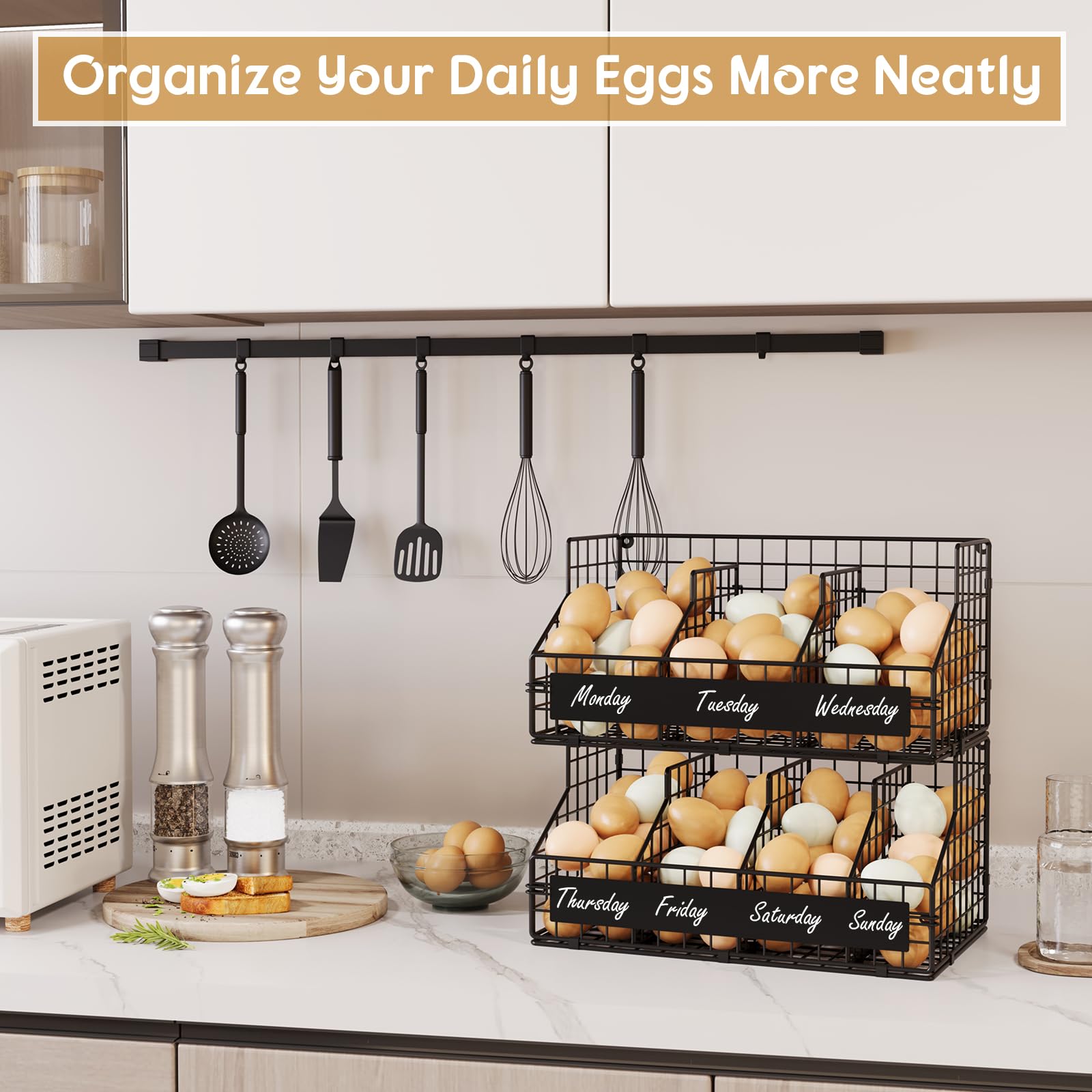 Keomaisyto Large-capacity rack organizes eggs, fruits, and vegetables with style.