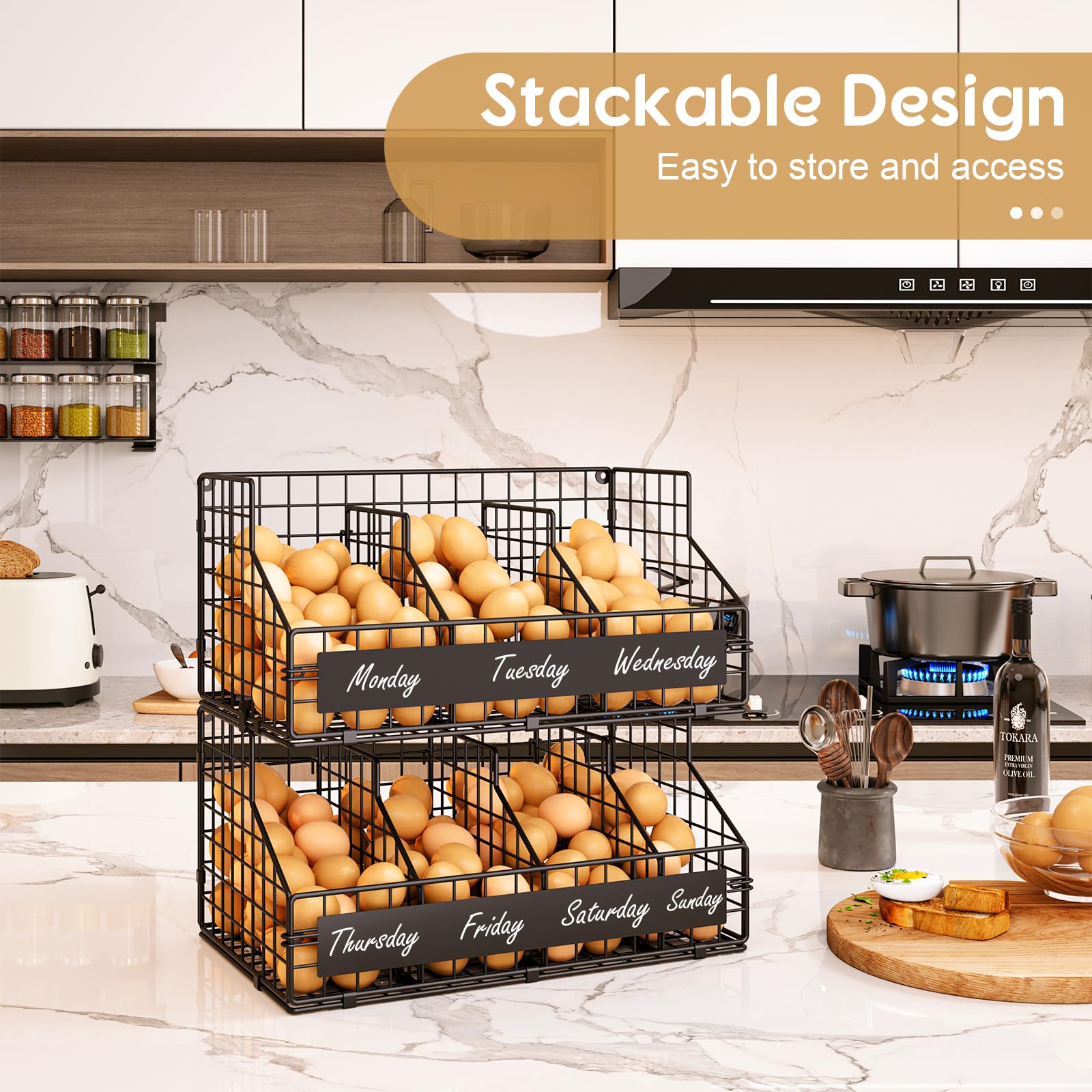 Keomaisyto XXL egg rack fits on countertops or walls for flexible storage.