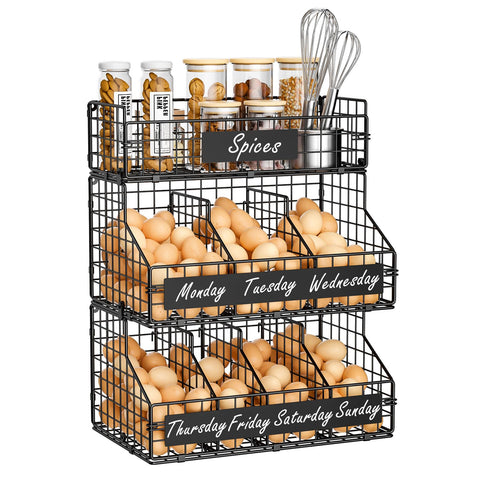 keomaisyto kitchen display solution helps organize eggs, fruits, and vegetables.