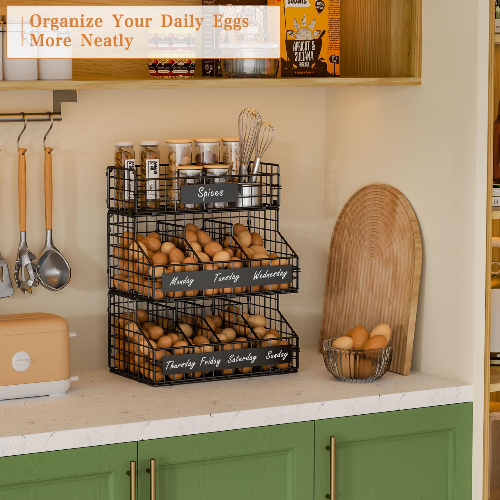 keomaisyto wall-mounted egg rack frees counter space and creates a neat display.