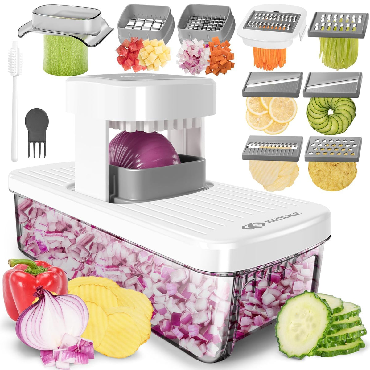 KEOUKE 8-in-1 vertical chopper with dicer blade for fast prep.