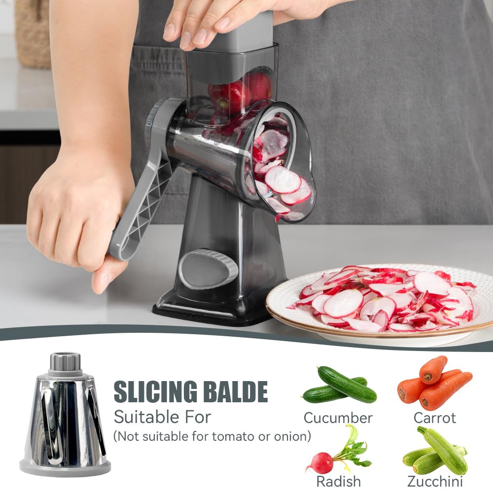 Keouke grater highlighting a safe feeding port to protect fingers during use.