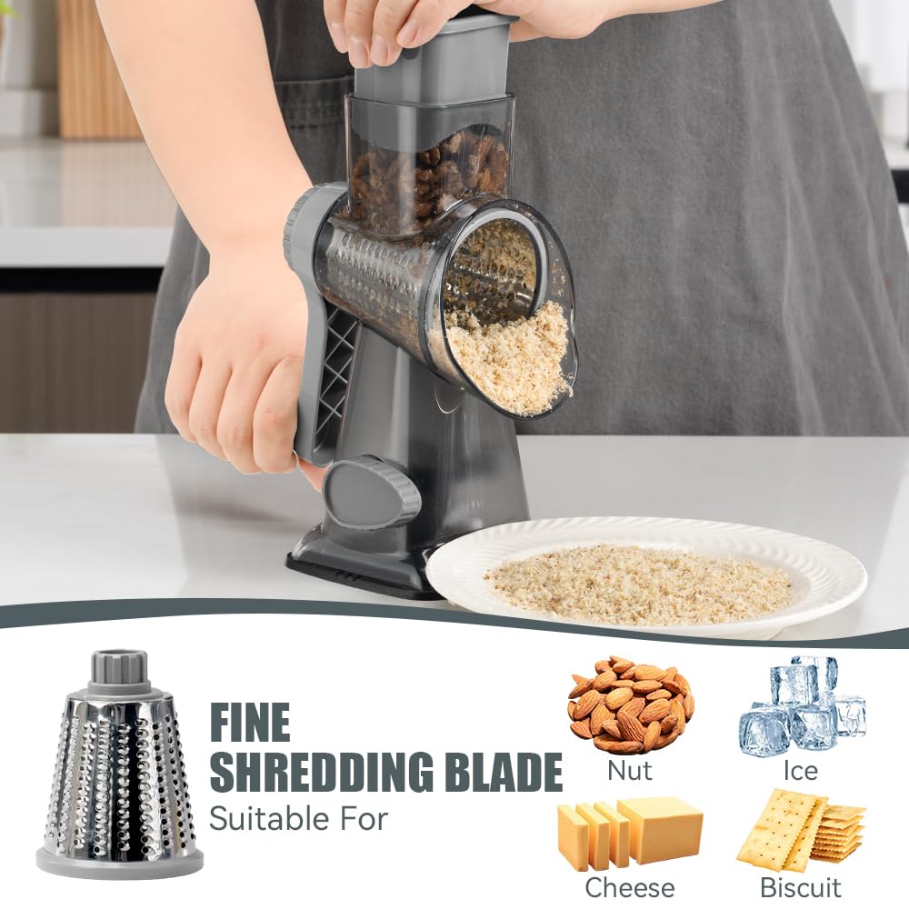 Keouke cheese grater shown on a counter with suction base for stability.
