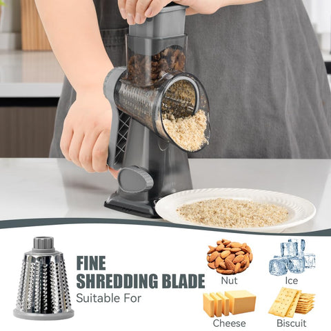 Keouke cheese grater shown on a counter with suction base for stability.
