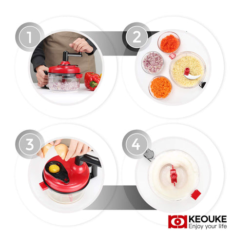 KEOUKE chopper in use, reducing onion tears with safe operation.