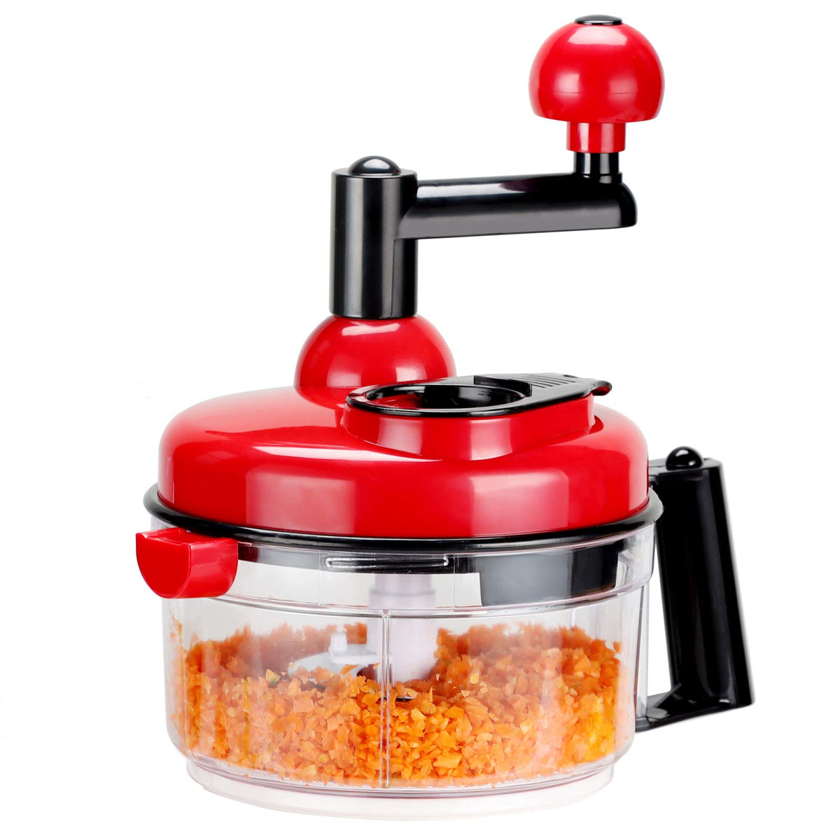KEOUKE hand crank food chopper red, front view, speeds vegetable prep for weeknight meals.