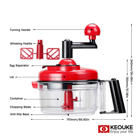 KEOUKE hand crank chopper enabling salsa and pesto preparation in minutes.