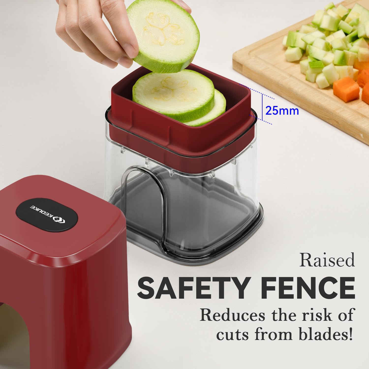 KEOUKE red chopper slicing onions; container collects chopped pieces
