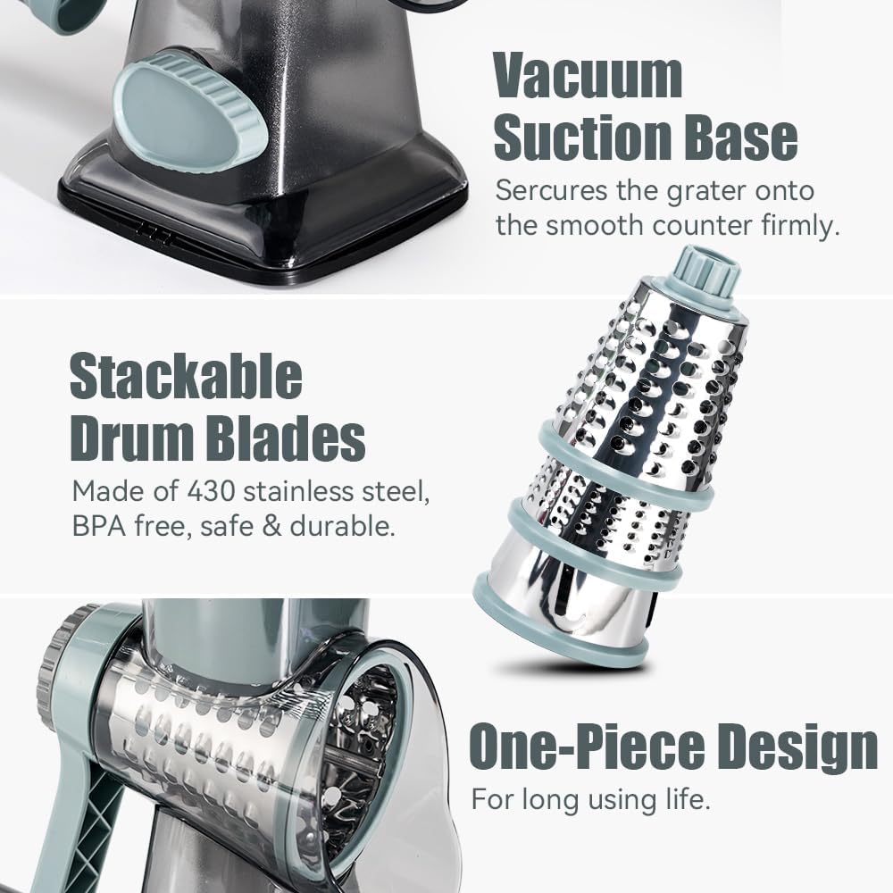 Keouke rotary grater shown disassembled for quick and easy cleaning.