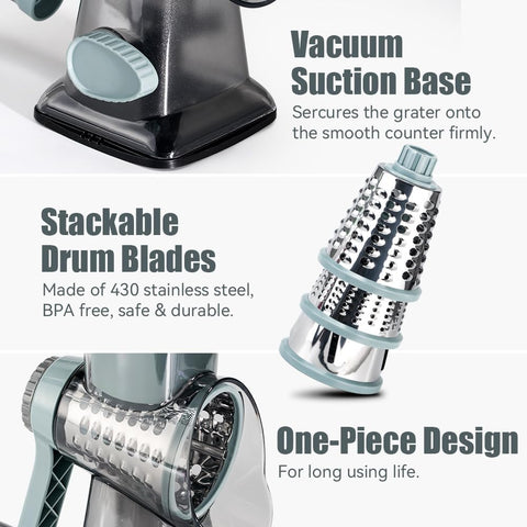 Keouke rotary grater shown disassembled for quick and easy cleaning.