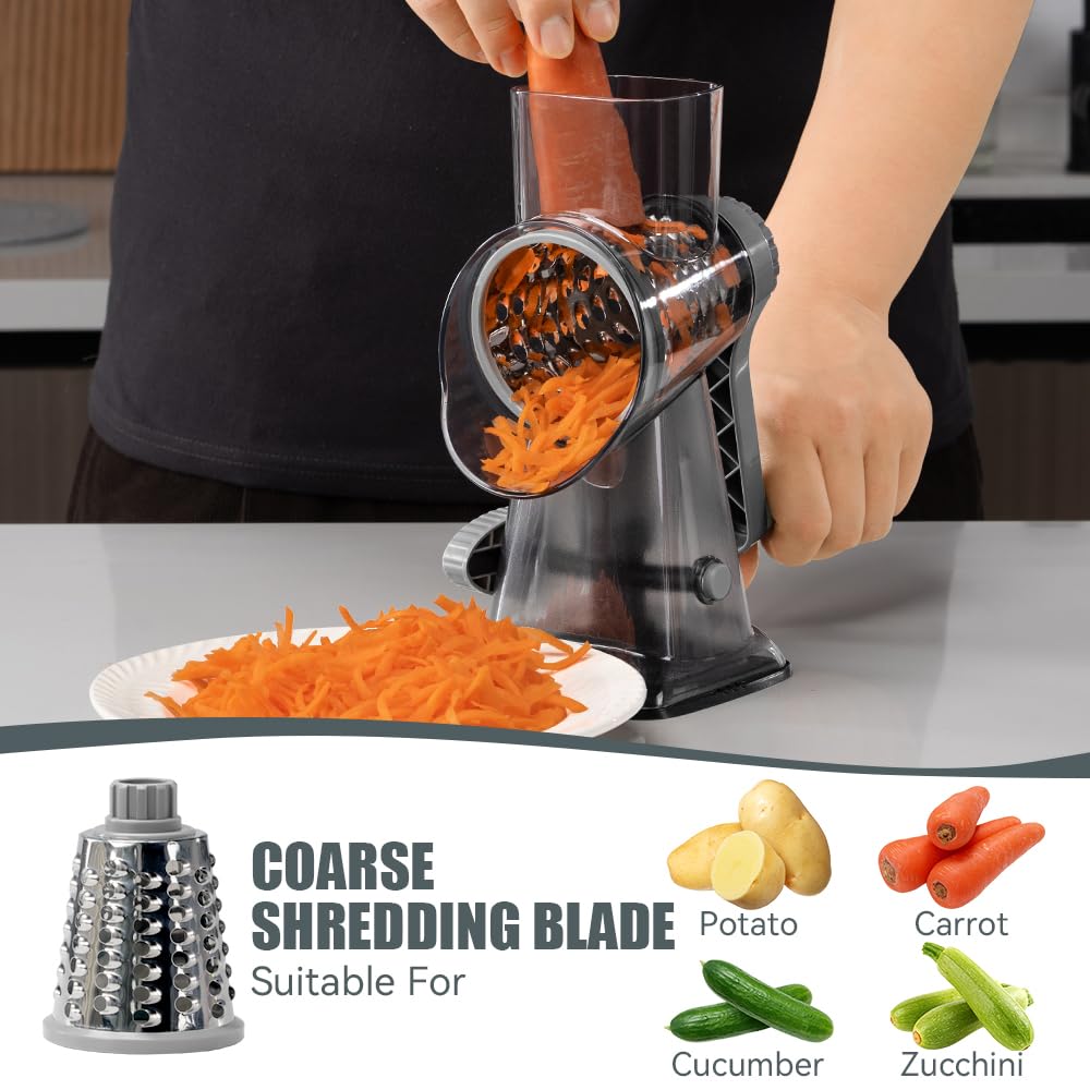 Keouke rotary grater with three stainless blades for cheese and vegetables.