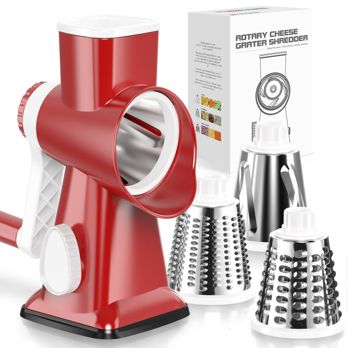 KEOUKE rotary cheese grater with red handle for quick, even shredding and effortless prep.