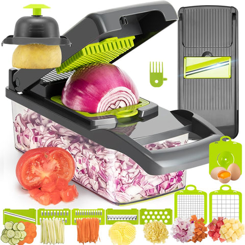 KEOUKE 12-in-1 vegetable chopper blades in action for fast slicing and dicing