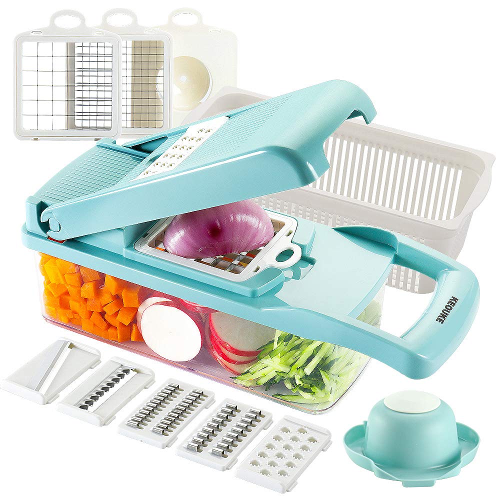 KEOUKE vegetable chopper blue with 12-in-1 blades setup for versatile prep