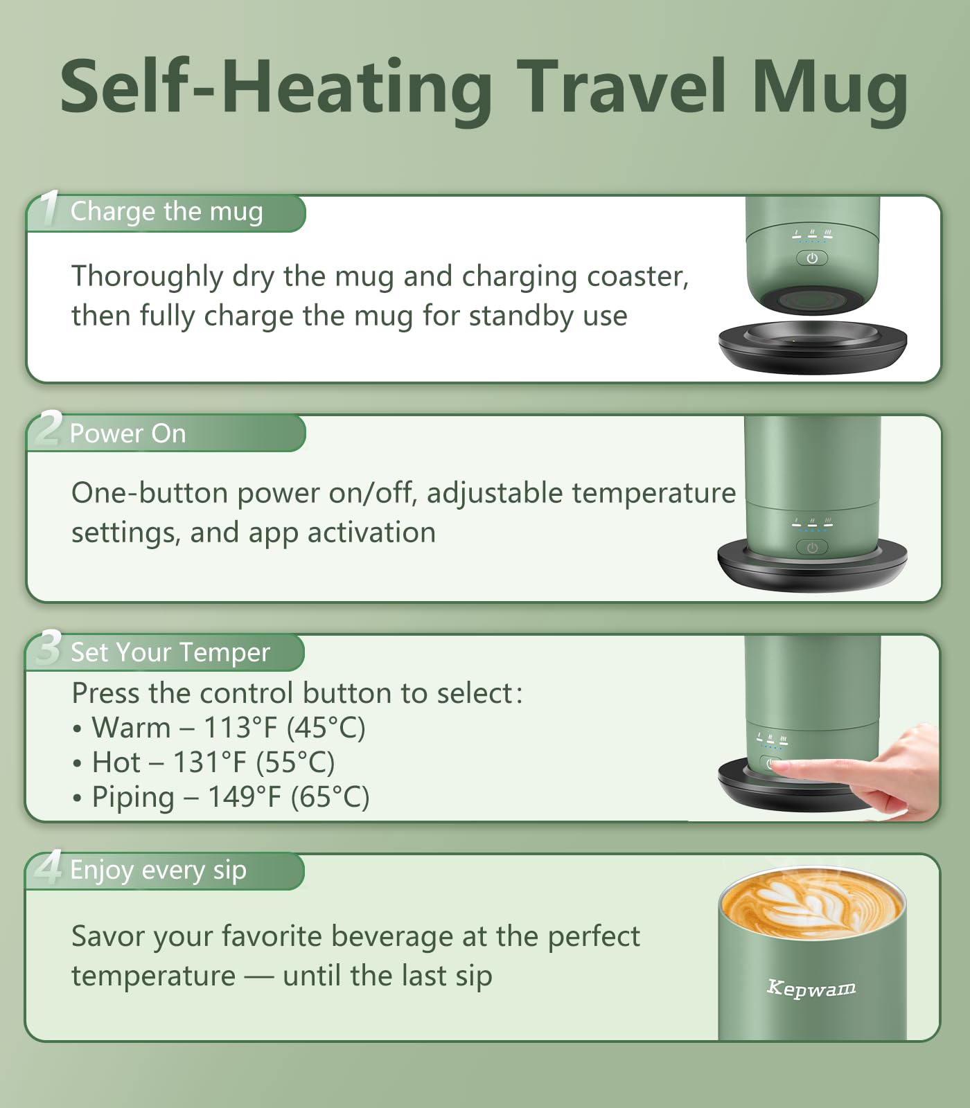 Kepwam app-enabled temperature control for precise coffee warmth anywhere