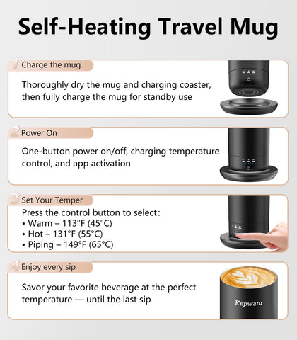 Kepwam mug on docking base demonstrates continuous warmth via charging base