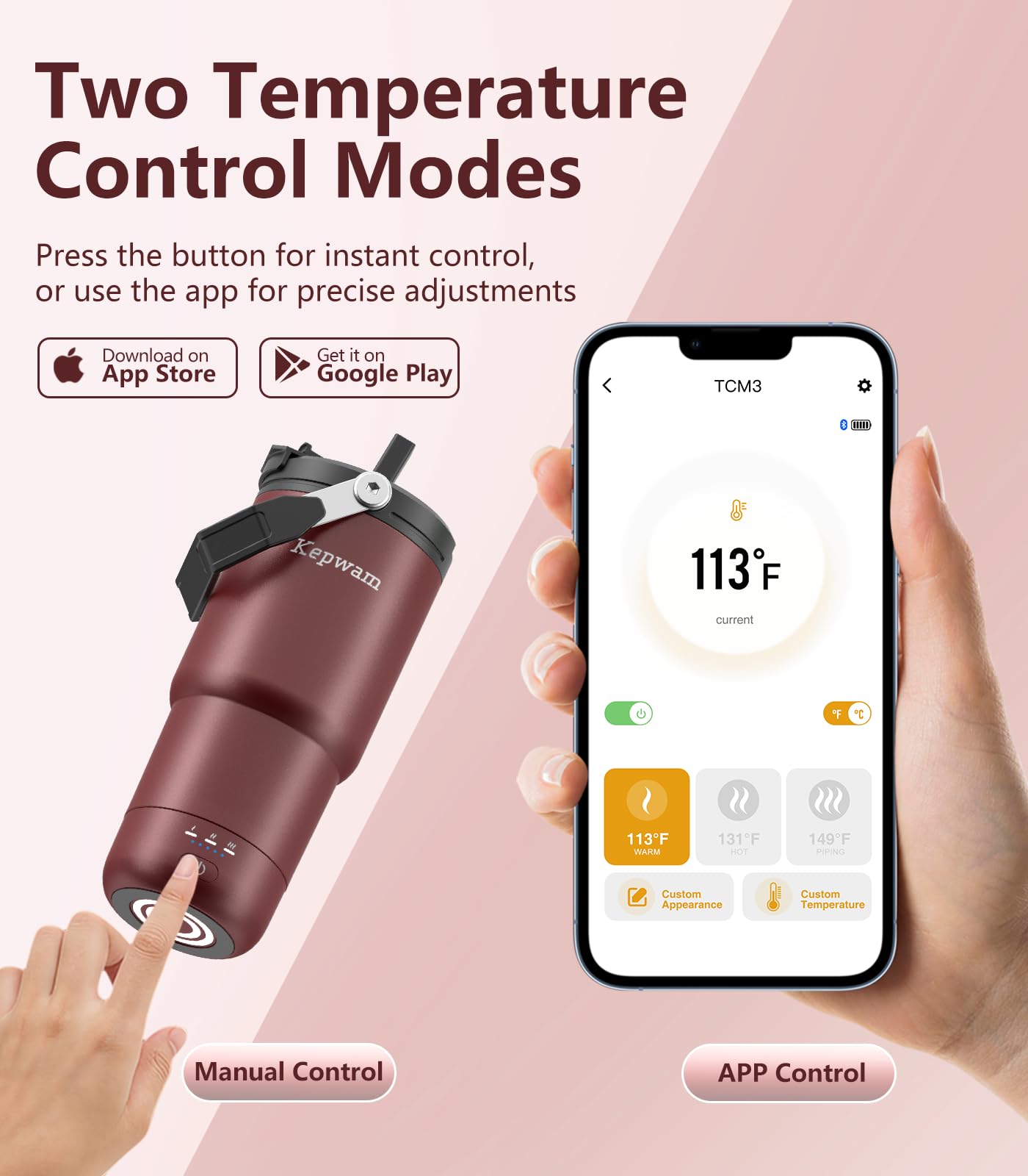 Kepwam mug temperature readout with LED indicator for easy monitoring.