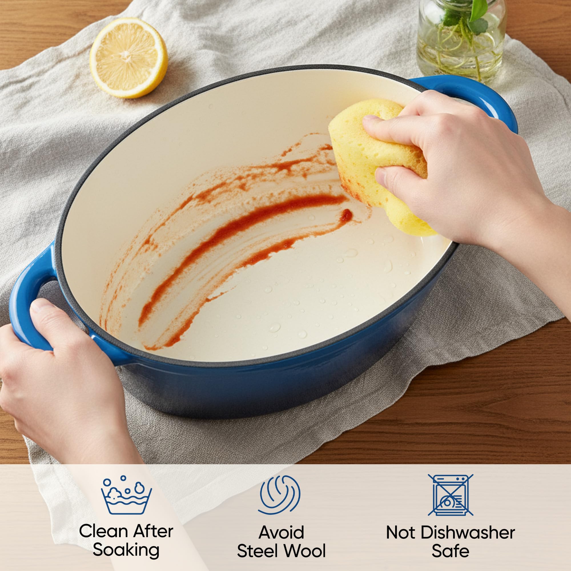 Kerilyn oval dutch oven blue easy-clean enamel finish after use.