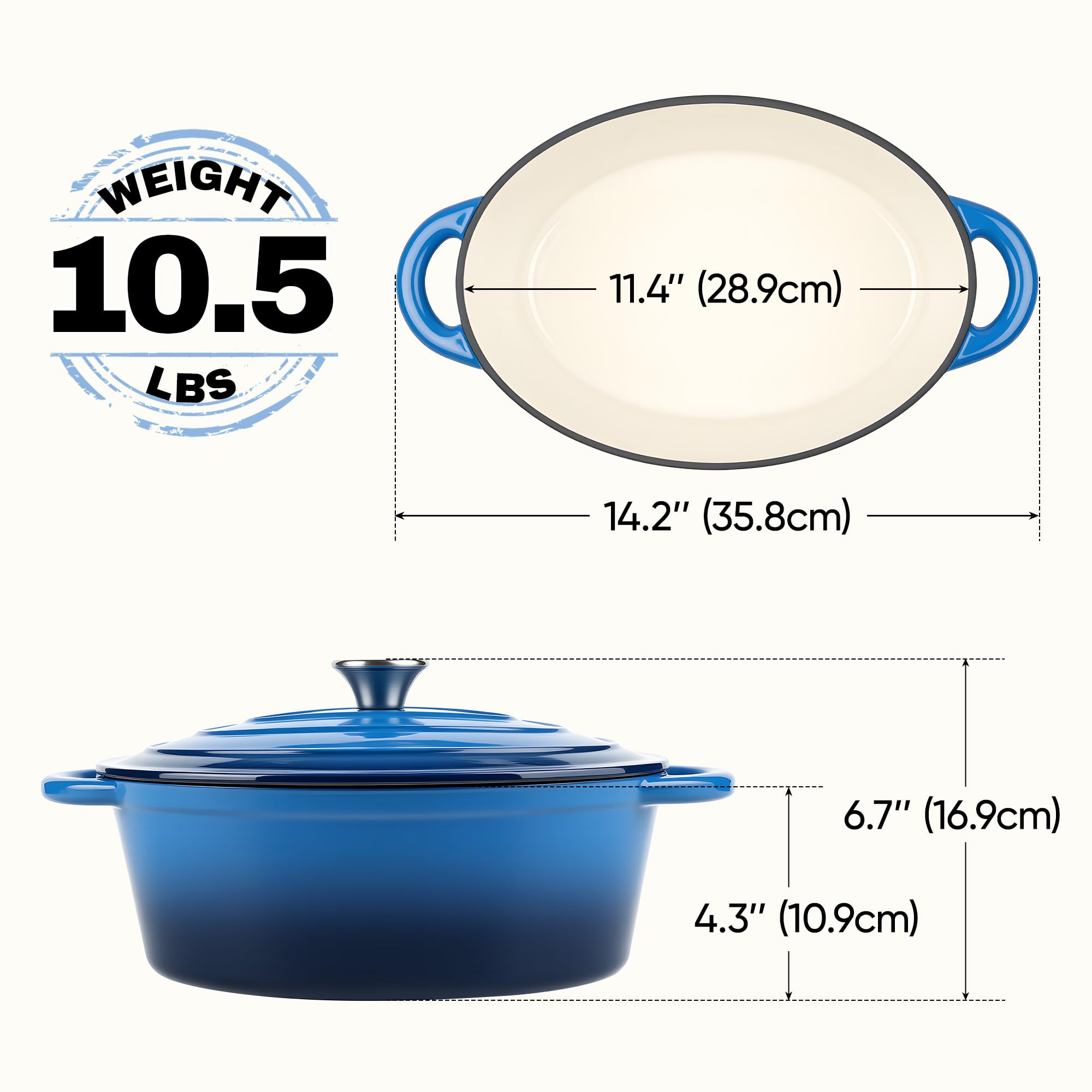 Kerilyn oval dutch oven blue inside enamel eases cleanup.