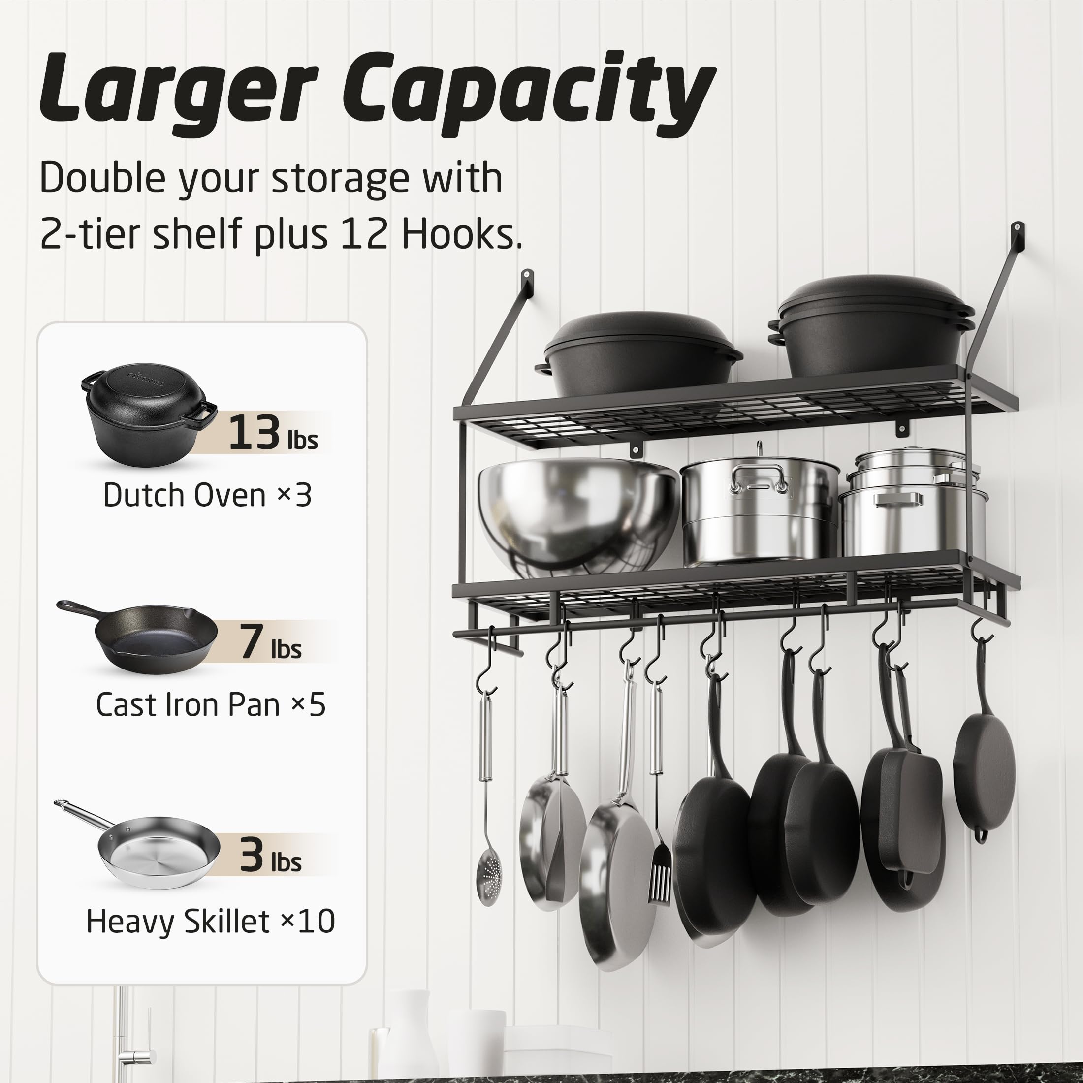 KES 2-tier wall shelf in matte black keeps cookware within arm's reach.