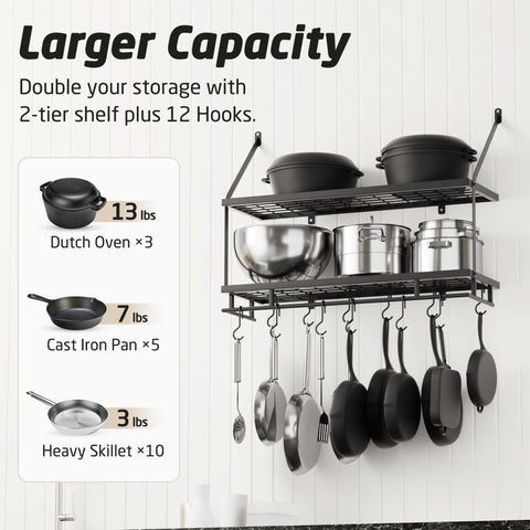 KES 2-tier wall shelf in matte black keeps cookware within arm's reach.
