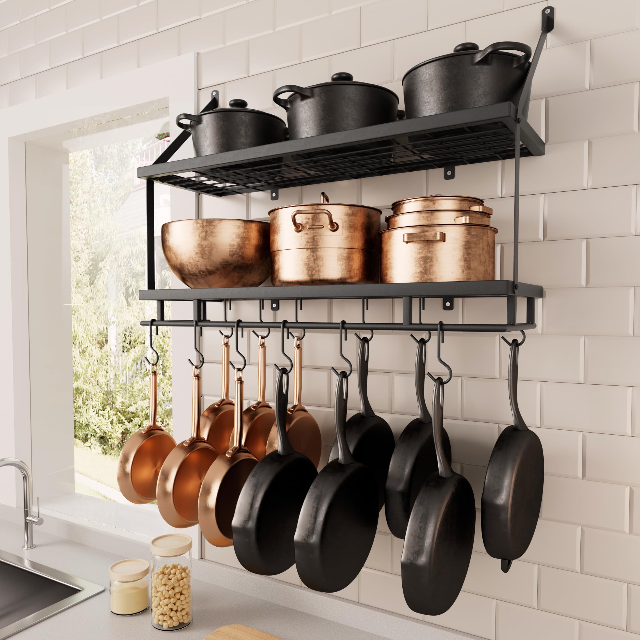 KES 30-inch pot rack grid shelf holds pots and pans neatly for easy access.