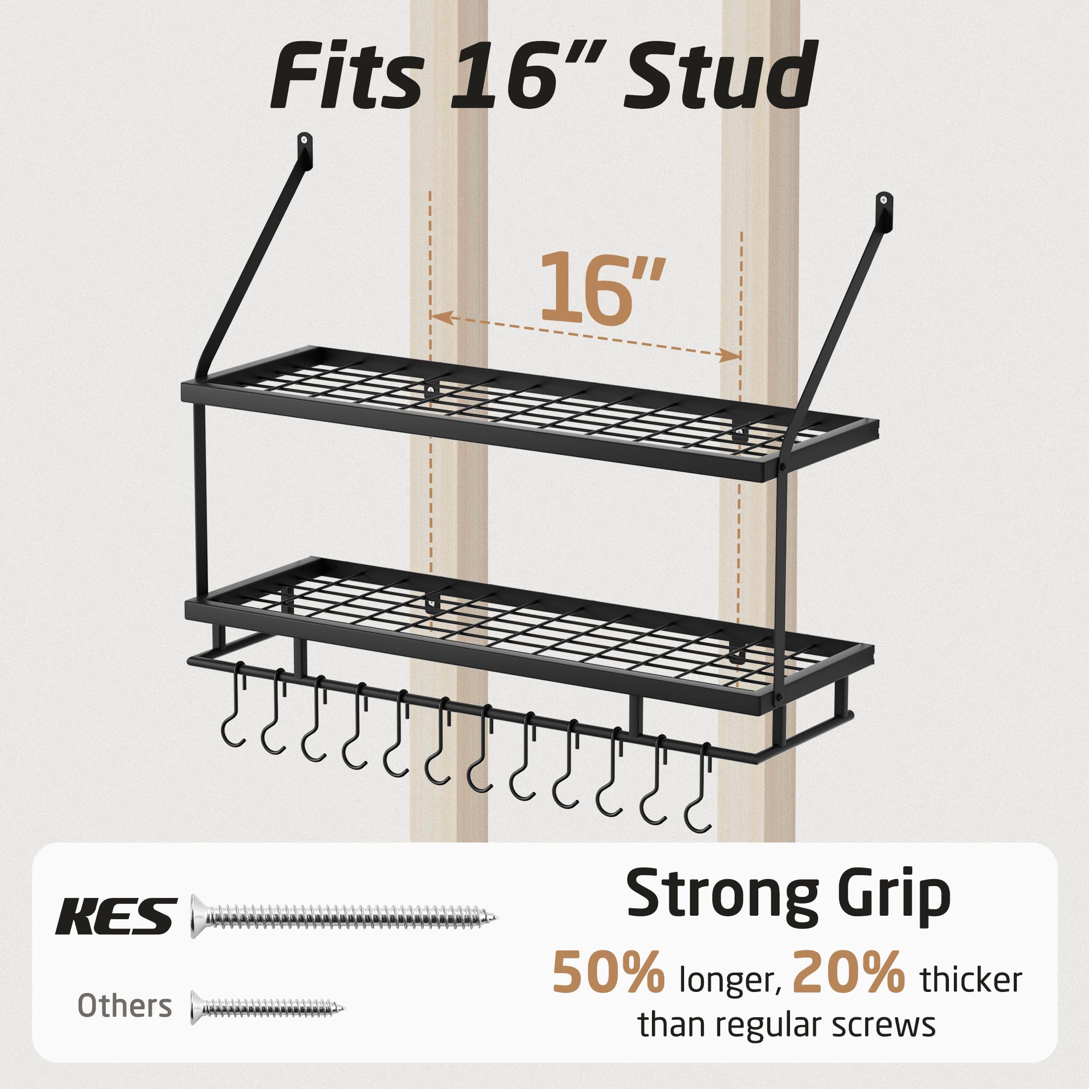 KES heavy-duty screws and anchors included simplify wall installation.