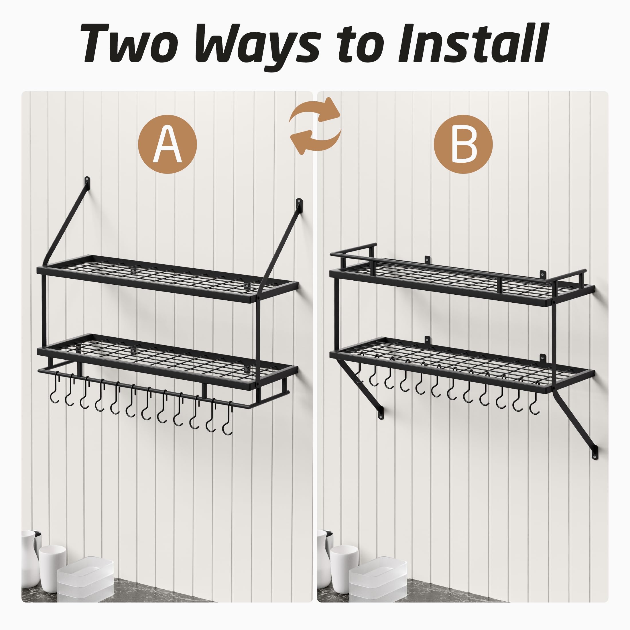 KES wall-mounted rack keeps pots, pans, and bowls within reach.
